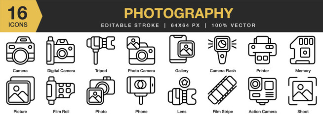 Photography icon set. Editable Stroke Icon Collection. Includes action camera, flash, digital, film roll, gallery, and More. Outline icons vector collection.