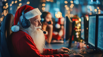 Santa claus working as customer support during christmas season in festive office