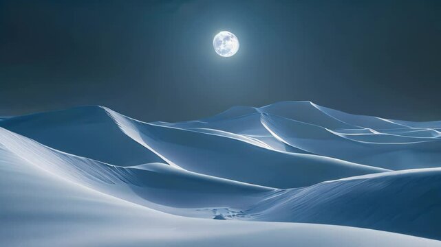 A bright full moon shines its light over a wintry landscape covered in snow, creating a magical winter scene, Endless sand dunes bathed in moonlight