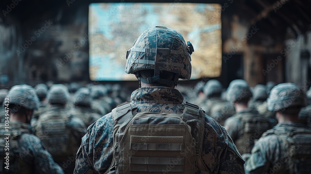 Aufkleber a group of uniformed soldiers attentively listens to a briefing, focused on a large screen that outl