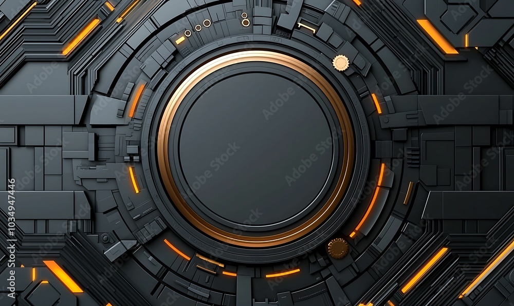 Poster futuristic circular interface design with intricate textures and glowing accents for modern technolo