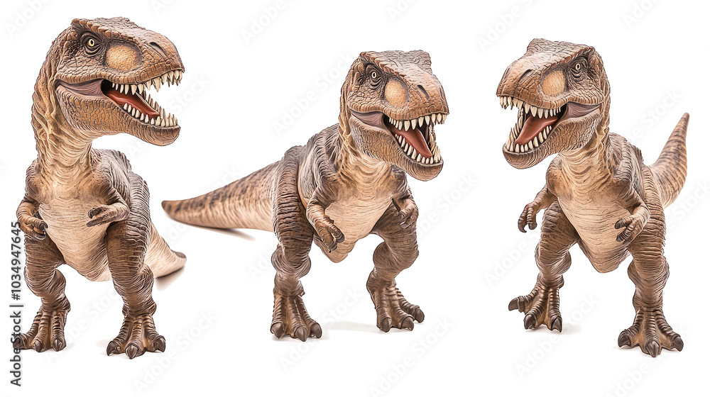 Poster realistic t-rex dinosaur toys in a collection on a clear background generative ai