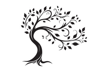 Flowing Tree Silhouette with Curved Branches and Leaves 34.eps
