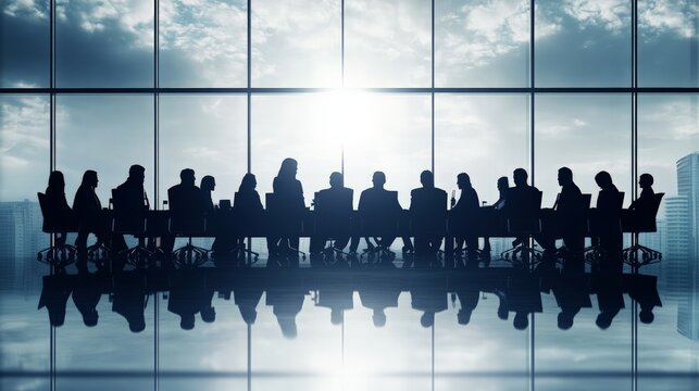 Energetic business team gathered around a conference table, high-quality image with clear copy space, ideal for corporate event invitations