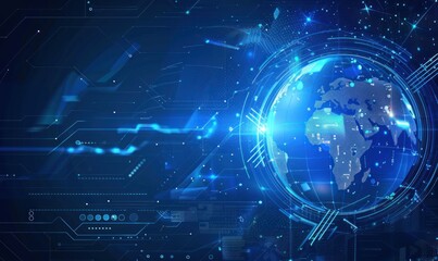 Digital globe surrounded by futuristic data elements and network connections.