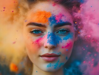 Vibrant Colorful Powder Explosion Portrait of a Woman in Studio