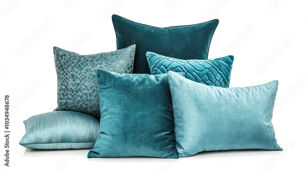 Poster collection of teal pillows arranged on a transparent background generative ai