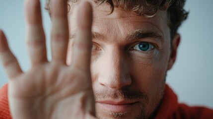 Fototapeta premium A close-up portrait of a man holding his hand up in front of his face, showcasing a serious expression. The image captures emotion and individuality with a contemporary touch.