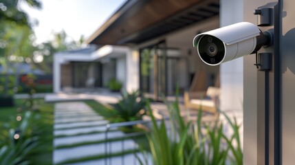 A sleek modern security camera positioned outside a stylish home, capturing the essence of safety and technology in a bright, inviting setting.