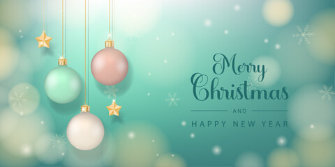 Christmas Banner with hanging ornaments. Vector illustration.