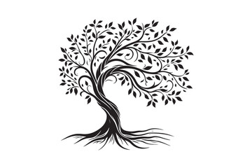 Flowing Tree Silhouette with Curved Branches and Leaves 51.eps