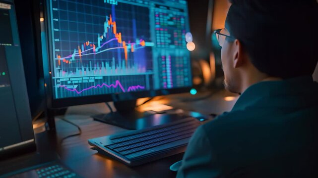 A man sitting at a desk focused on his computer, typing and working diligently, Focus on a stock market graph on a businessman&acirc;&euro;&trade;s computer