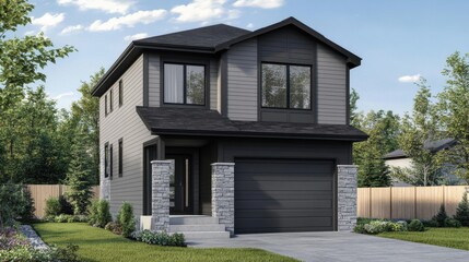 Modern house featuring light gray siding, stone cladding, and a single car garage, showcasing an innovative and stylish layout.