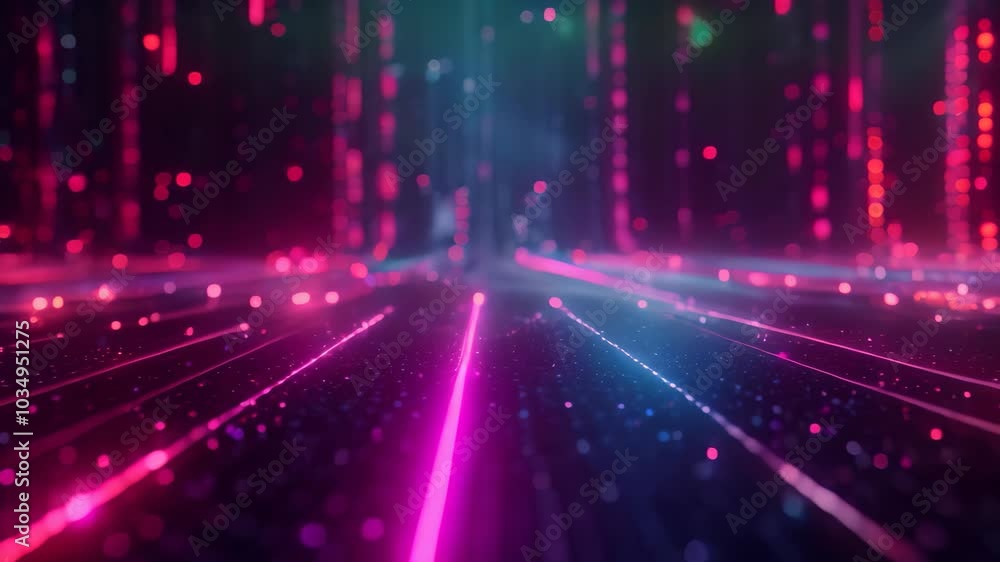 Poster an video featuring a vibrant abstract background composed of various colorful lines and dots interac