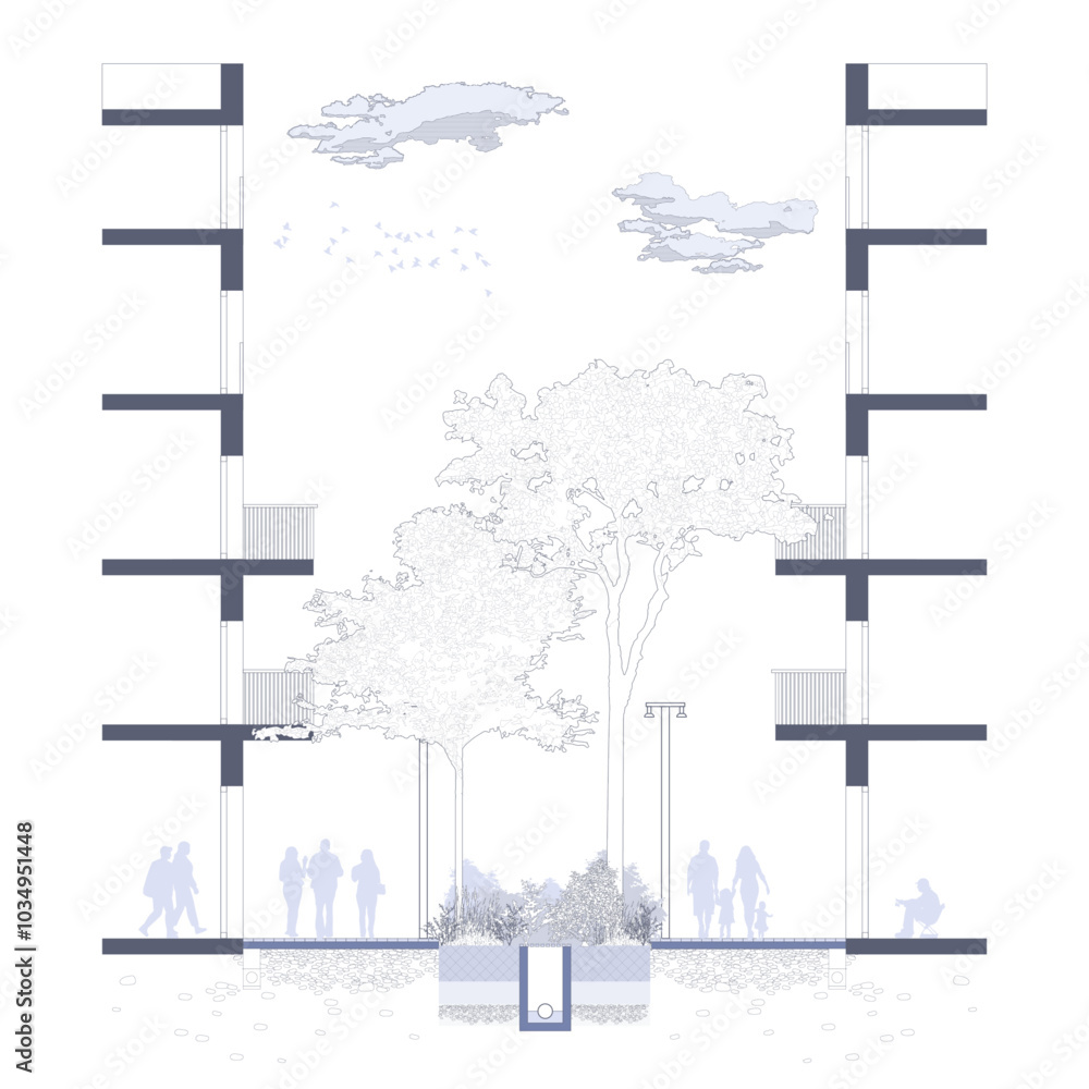 Poster architectural drawings, minimal style cad tree line drawing, side view, set of section city street b