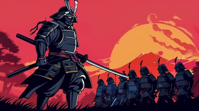 Cartoon Modern Samurai Against Dark Army
