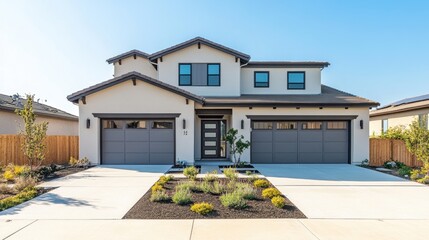 Fototapeta premium New modern home with a two-car garage and stylish architectural design, combining luxury and functionality.