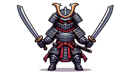 Obraz premium Dual-Wielding Samurai Game Character Design in Cartoon Style