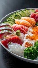 Studio lighting focusing on a refined Gourmet Sashimi platter, emphasizing the luxurious ingredients and modern presentation on a white dish