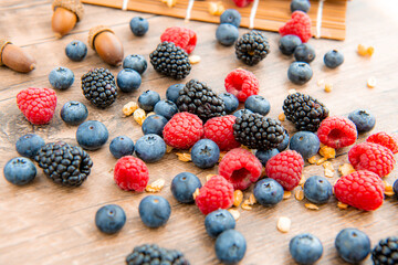 Close-up composition, assorted mix berries: blackberries, blueberries, raspberries