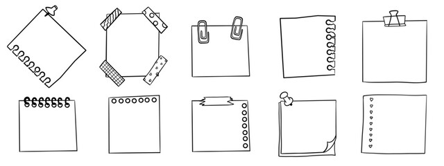 Hand drawn set of paper sticky sheets for notes, text, message, memo. Doodle sketch style. Reminder paper sticker set with pin, clip, adhesive tape for memo board. Vector illustration isolated on  