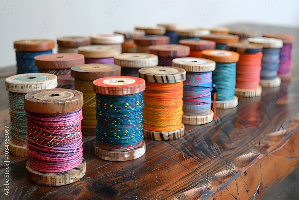Poster a colorful array of vintage spools of thread on a rustic table