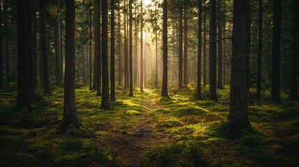 Naklejka premium Serene Forest Pathway with Soft Morning Light