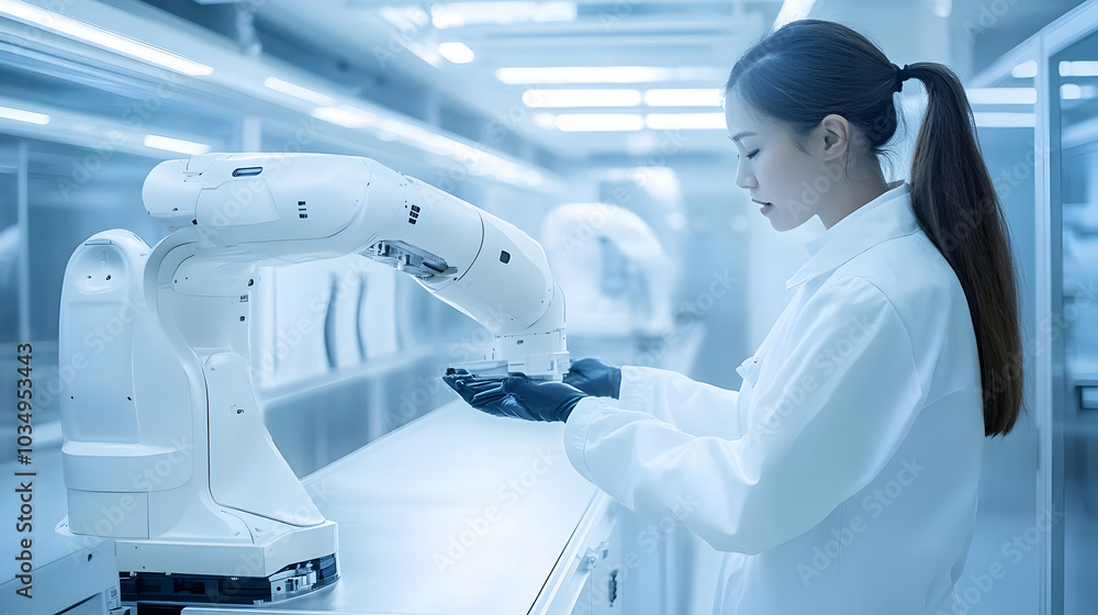 Aufkleber robot arm assists scientist in a clean room setting with precision automation