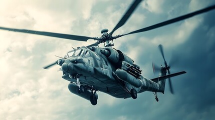 Imposing Military Helicopter in Dramatic Low Angle Flight