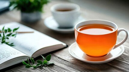 A peaceful scene featuring a cup of tea, a book, and a small plant, evoking relaxation and comfort.