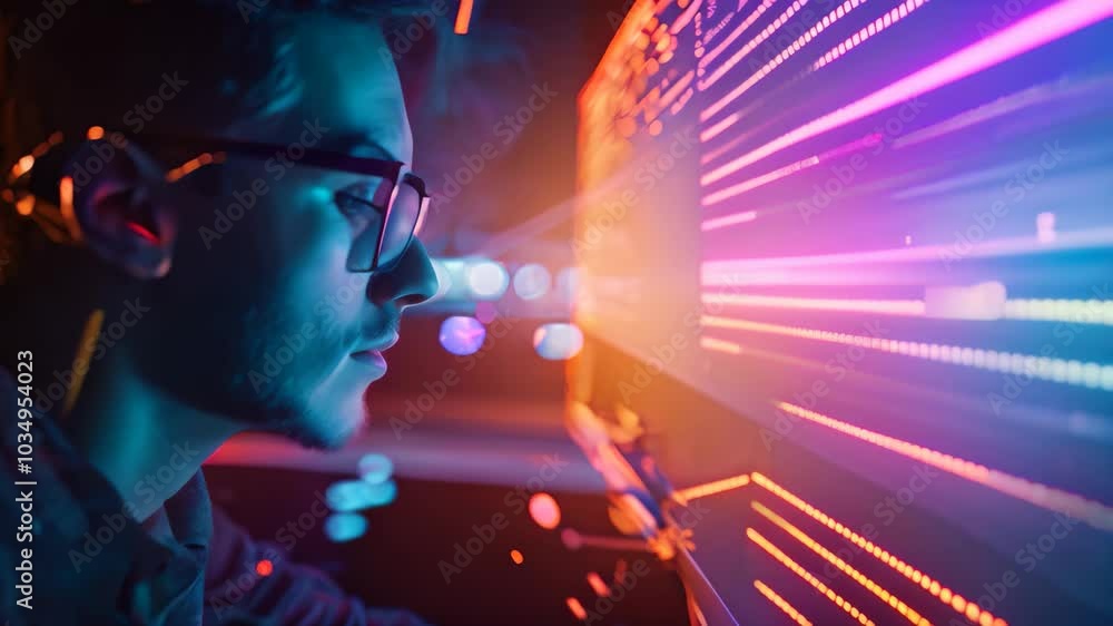 Poster man examining a wall of data, glowing lines of code flowing around a user securely browsing the inte