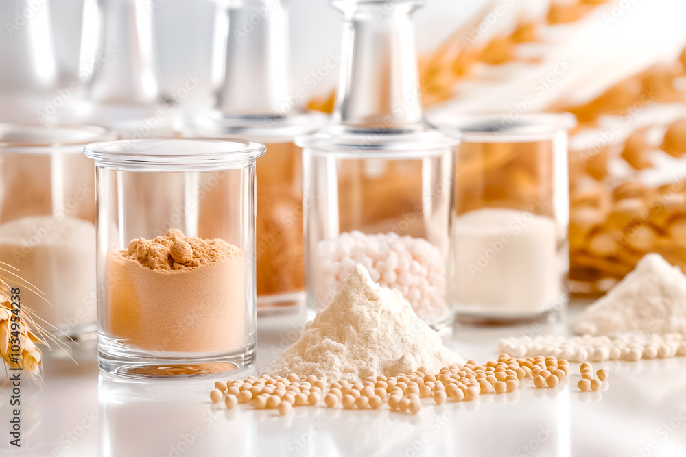 Poster a collection of diverse flours and grains is displayed in clear glass containers, highlighting their