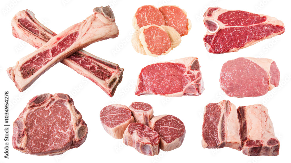 Poster top view of assorted beef steak cuts on a clear background generative ai