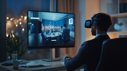 A business executive participating in a virtual reality conference from a home office, Modern lifestyle scene, VR conference style