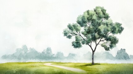 Fototapeta premium A serene watercolor landscape featuring a solitary tree on a lush green field with a winding path, evoking tranquility and natural beauty.