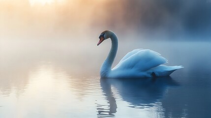 Fototapeta premium Tranquil White Swan on Misty Lake at Dawn with Serene Reflection