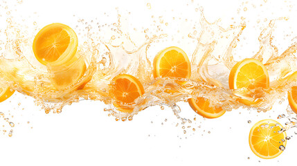 Orange juice splashing into water with fresh citrus and ripe oranges