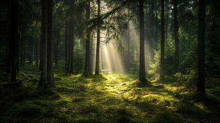 Naklejka premium Serene Forest with Sunlight Rays Through Trees
