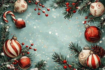 Festive Christmas Ornaments and Pine Branches on a Soft Blue Background