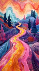 Abstract Watercolor Landscape with Flowing River and Trees