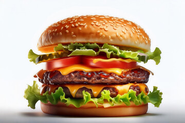 Close up of tasty burger isolated on white background. french fries and the burger with meat, cooking a burger at home. junk fast food.