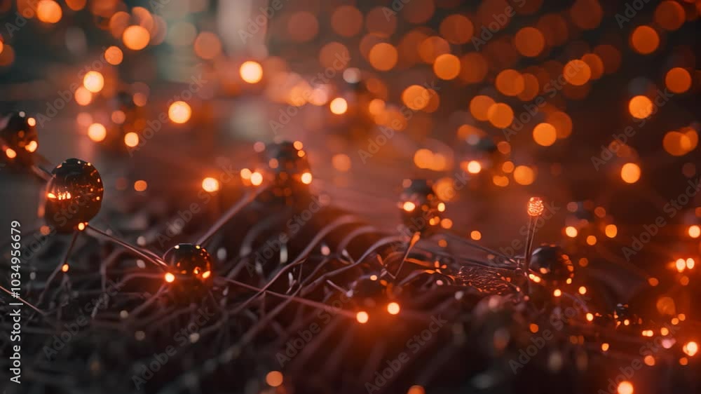 Poster an up-close view of a computer circuit board featuring vibrant orange lights illuminating the intric