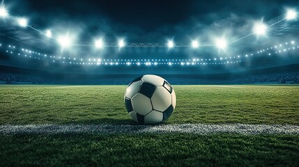 Dramatic Soccer Ball on Field with Stadium Lights