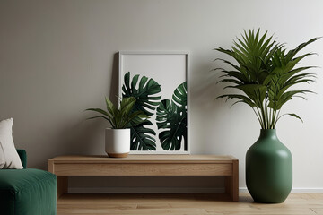 Minimalistic Composition: Mock-Up Frame and Tropical Leaves in Elegant Vase
