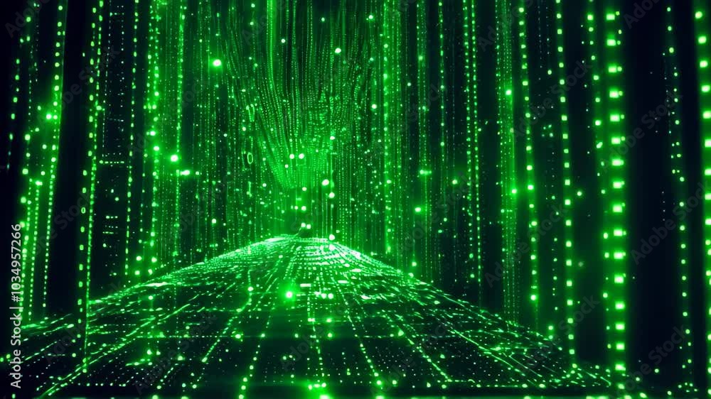 Poster a video of a tunnel-like video filled with green and black numbers creating a captivating visual dis
