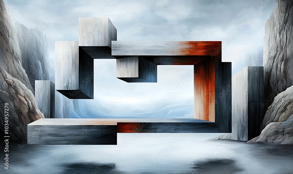 Aufkleber exploring abstract structures a surreal composition of geometric forms amidst a dreamlike landscape