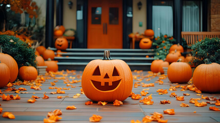Smiling Jack-O-Lantern on a Porch with Autumn Leaves