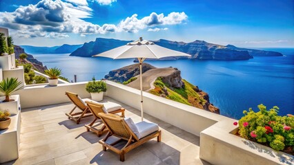 Fototapeta premium Panoramic Terrace in Oia, Greece with Caldera View, Parasol, and Deck Chairs â€“ Perfect Vacation Spot for Relaxation and Scenic Beauty
