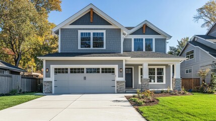 Striking new home with light gray siding, natural stone cladding, and a single car garage, featuring an innovative layout. -