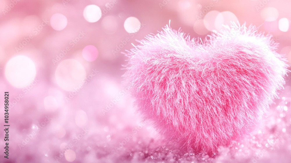 Poster fluffy pink heart on a sparkling background with soft bokeh lights, creating a dreamy and romantic a